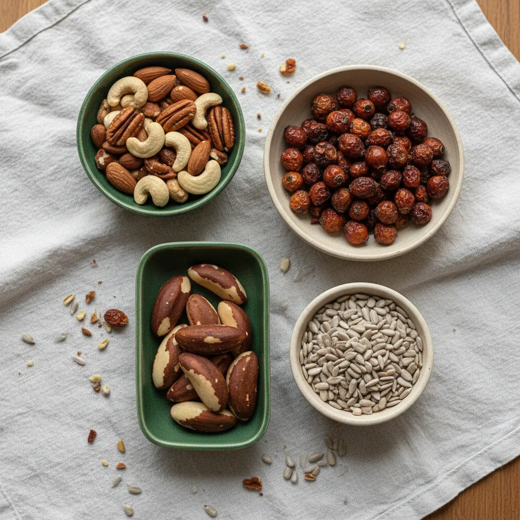 Assorted nuts, seeds and dried rosehip arranged in small ceramic dishes on a pale linen cloth