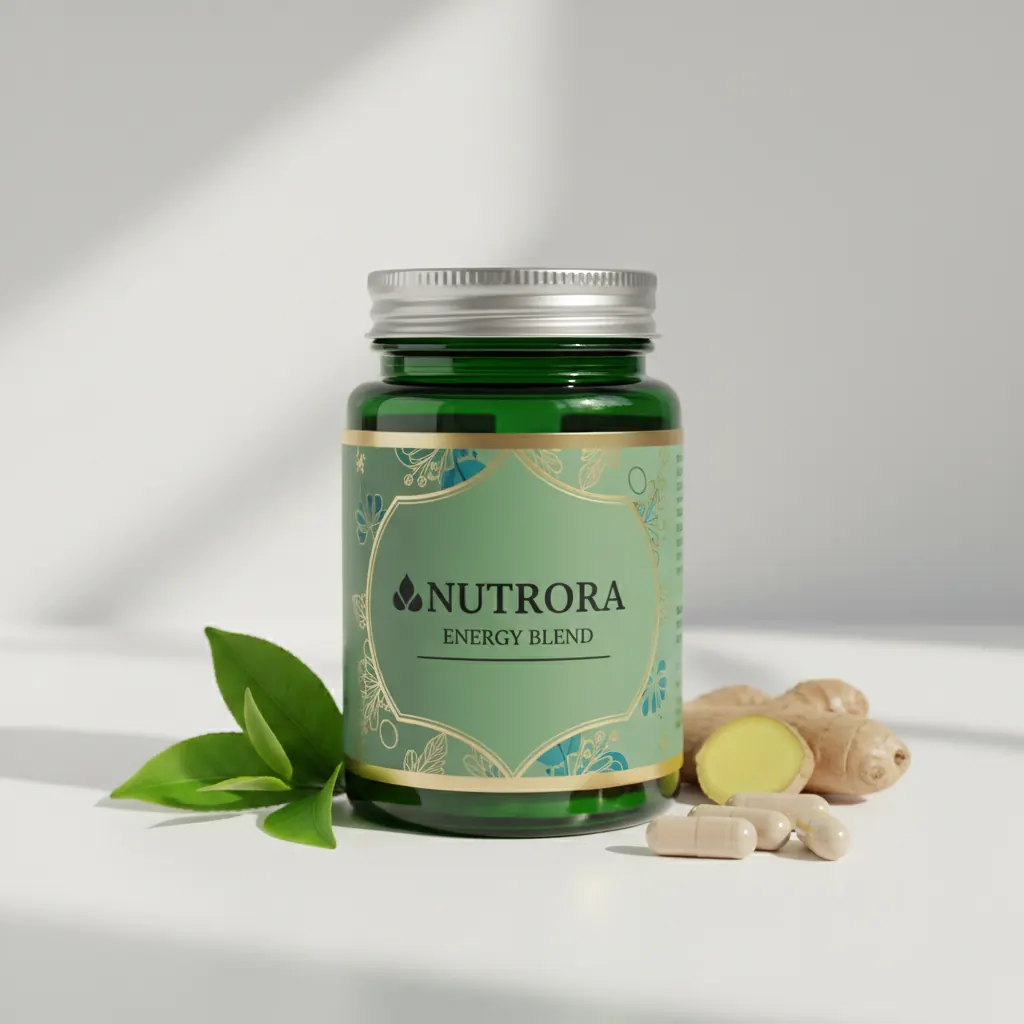 Nutrora Energy Blend dark green glass supplement jar with silver lid on a clean background